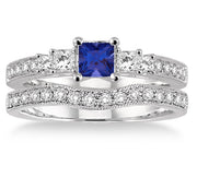 1.5 Carat Sapphire and Moissanite Diamond Antique Bridal set Halo Ring on 10k White Gold