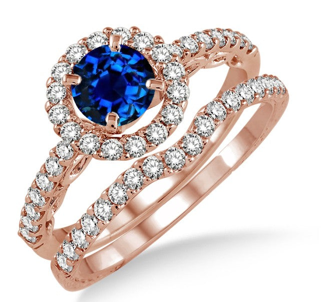 1.5 Carat Sapphire and Moissanite Diamond Antique Floral Halo Bridal set on 10k Rose Gold