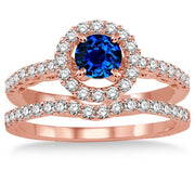 1.5 Carat Sapphire and Moissanite Diamond Antique Floral Halo Bridal set on 10k Rose Gold