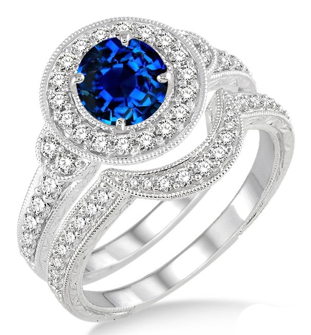 1.5 Carat Sapphire Antique Halo Bridal Set Engagement Ring on 10k White Gold