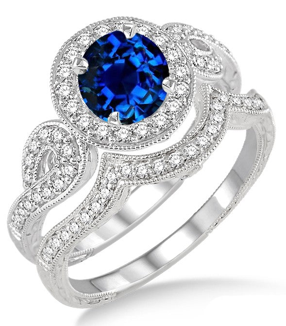 1.5 Carat Sapphire and Moissanite Diamond Antique Halo Bridal Set Engagement Ring on 10k White Gold