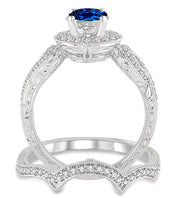 1.5 Carat Sapphire and Moissanite Diamond Antique Halo Bridal Set Engagement Ring on 10k White Gold