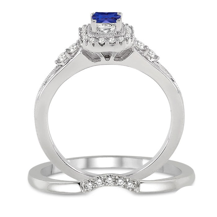 1.5 Carat Sapphire and Moissanite Diamond Bridal Set Halo Engagement Ring Bridal Set on 10k White Gold