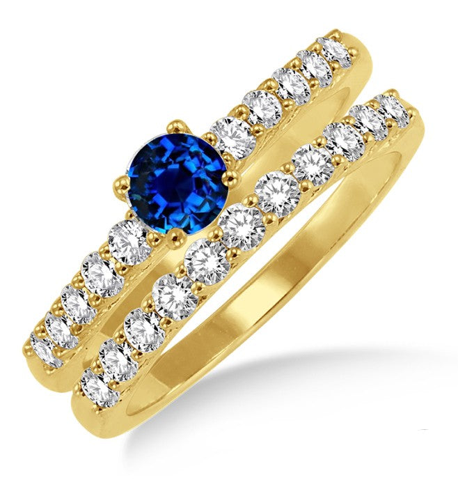1.5 Carat Sapphire and Moissanite Diamond Elegant Bridal Set on 10k Yellow Gold
