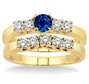 1.5 Carat Sapphire and Moissanite Diamond Five Stone Bridal Set on 10k Yellow Gold