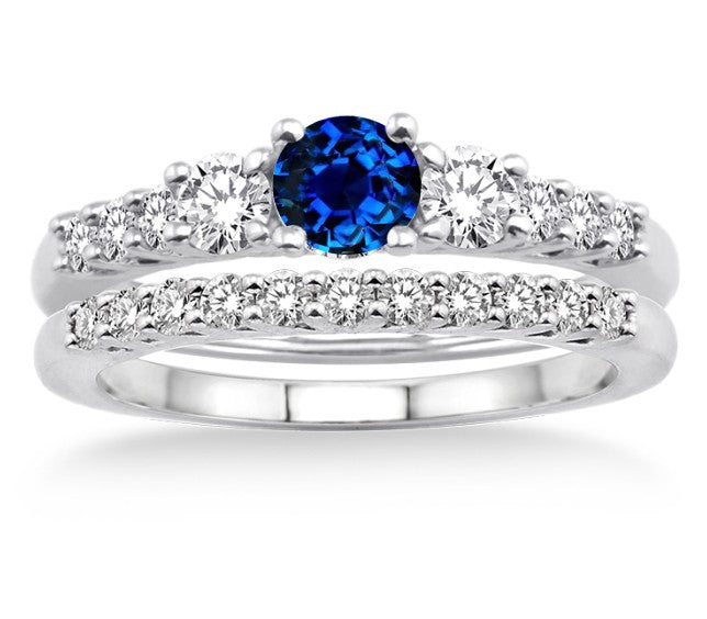 1.5 Carat Sapphire and Moissanite Diamond Trilogy Bridal set on 10k White Gold