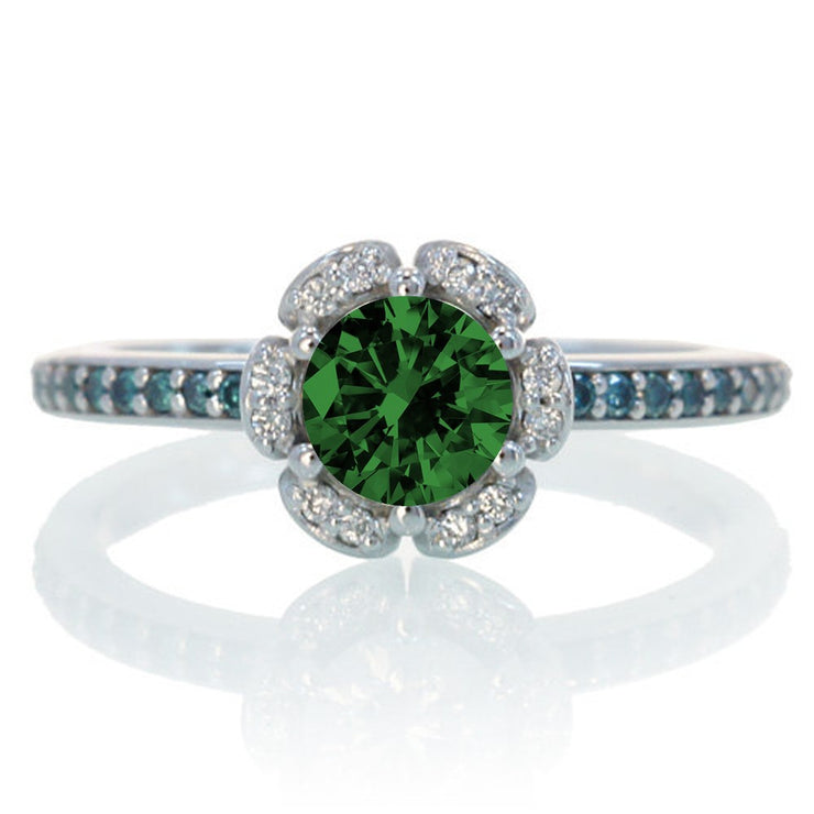 1.5 Carat Unique Flower Halo Round Emerald and Moissanite Diamond Engagement Ring on 10k White Gold