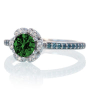 1.5 Carat Unique Flower Halo Round Emerald and Moissanite Diamond Engagement Ring on 10k White Gold