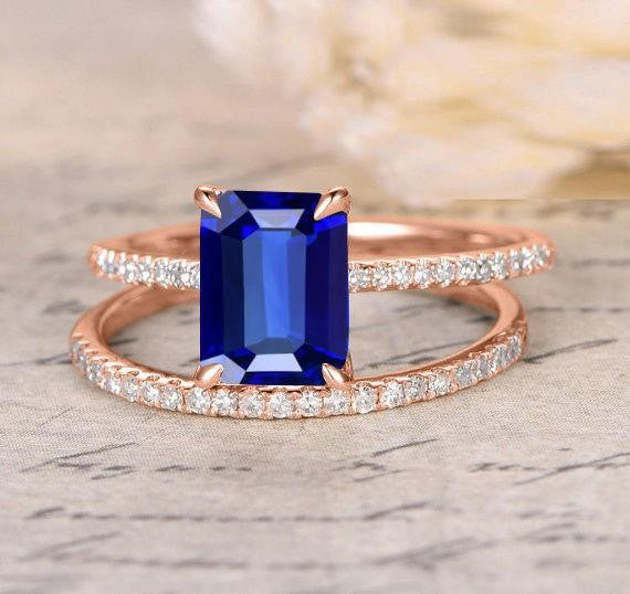 1.50 carat Blue Sapphire and Moissanite Diamond Bridal Set in 10k Rose Gold