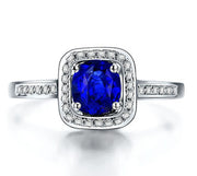 1.50 Carat Blue Sapphire and Moissanite Diamond Halo Engagement Ring for Women in White Gold