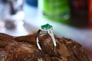 1.50 Carat Emerald and Moissanite Diamond Halo Engagement Ring in White Gold for Her