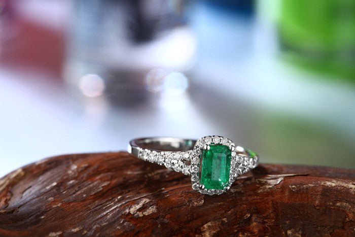 1.50 Carat Emerald and Moissanite Diamond Halo Engagement Ring in White Gold for Her