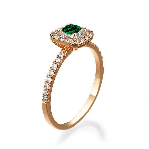 1.50 carat Emerald Cut Emerald and Moissanite Diamond Halo Engagement Ring in 10k Rose Gold