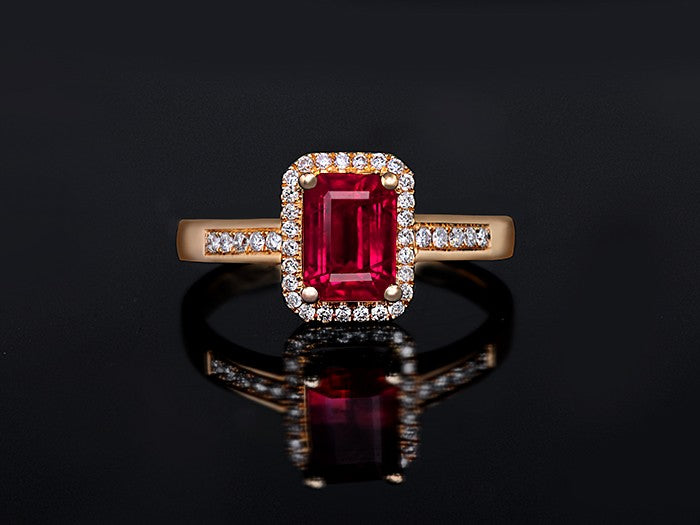 1.50 Carat emerald cut Ruby and Moissanite Diamond Engagement Ring in Rose Gold