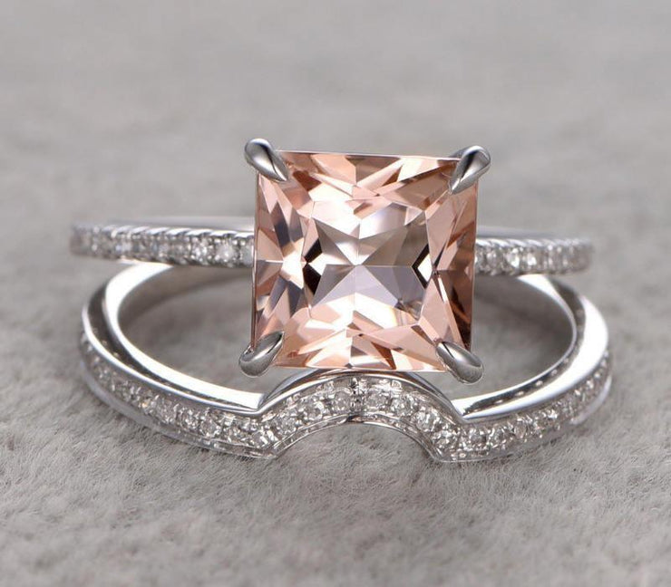 1.50 Carat Peach Pink Morganite (princess cut Morganite) Diamond Engagement Ring Wedding Bridal Set 