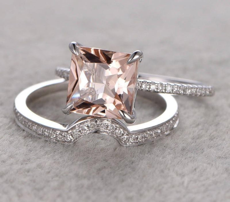 1.50 Carat Peach Pink Morganite (princess cut Morganite) Diamond Engagement Ring Wedding Bridal Set in 10k White Gold