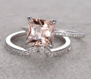 1.50 Carat Peach Pink Morganite (princess cut Morganite) Diamond Engagement Ring Wedding Bridal Set 