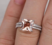 1.50 Carat Peach Pink Morganite (princess cut Morganite) Diamond Engagement Ring Wedding Bridal Set in 10k White Gold