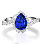 1.50 Carat pear cut Sapphire and Moissanite Diamond curved Engagement Ring for Women in White Gold
