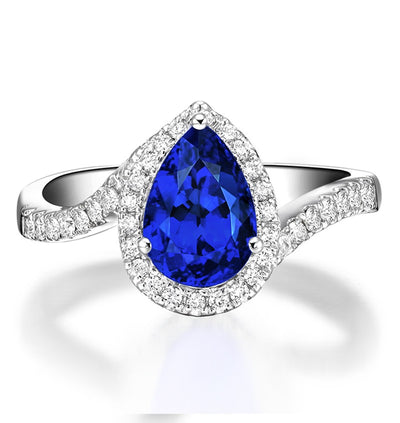 1.50 Carat pear cut Sapphire and Moissanite Diamond curved Engagement Ring for Women in White Gold