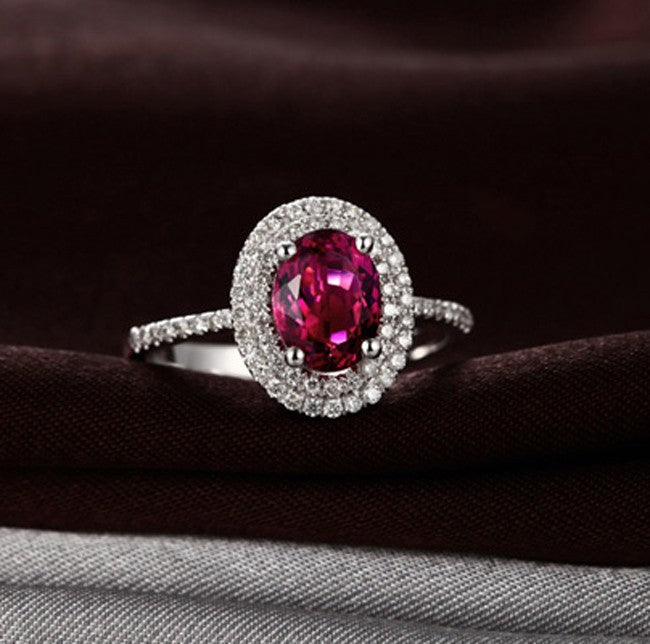 2.50 Carat Ruby and Moissanite Diamond double Halo classic Engagement Ring for Women