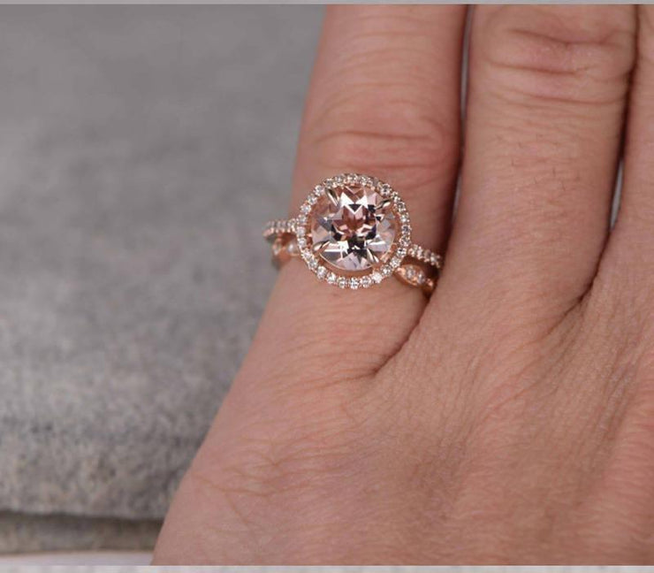 1.50 carat Round Cut Morganite Bridal Set with diamonds Halo Style 