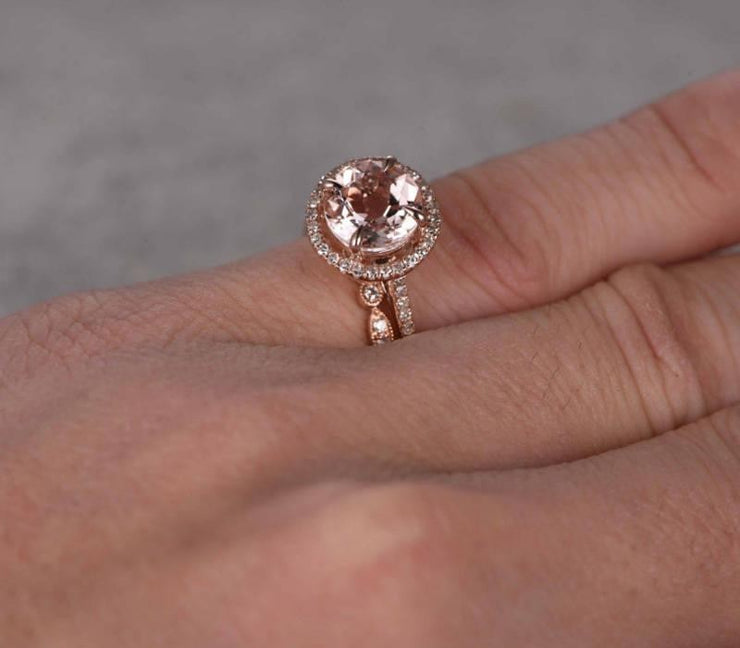 1.50 carat Round Cut Morganite Bridal Set with diamonds Halo Style in Rose Gold