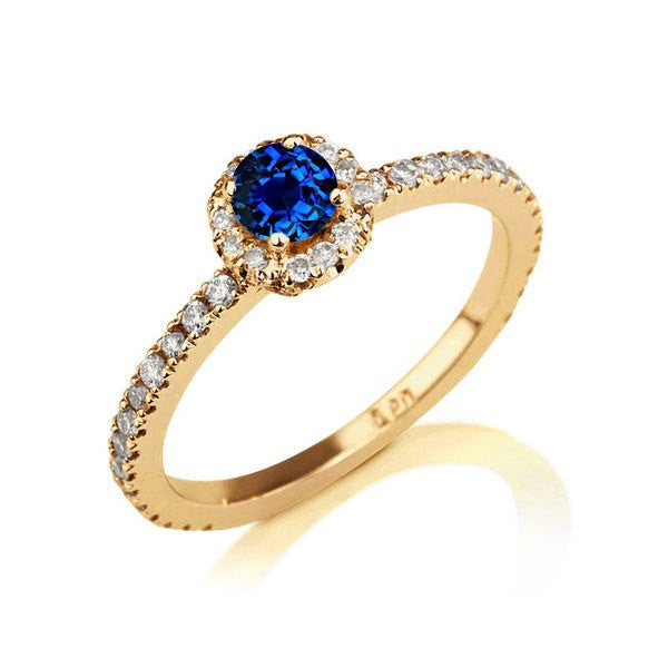 1.50 carat Round Cut Sapphire and Moissanite Diamond Halo Engagement Ring in 10k Yellow Gold