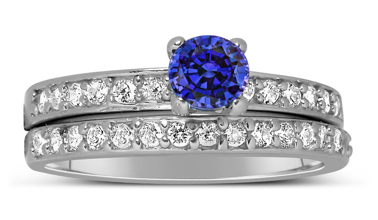 1.50 Carat Vintage Round cut Blue Sapphire and Moissanite Diamond Wedding Ring Set in White Gold