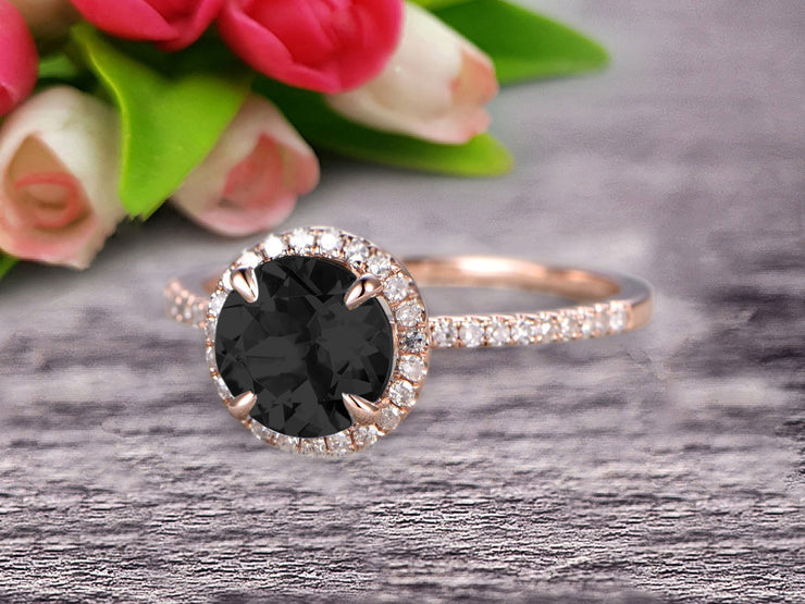 1.50 Carat Round Cut Black Diamond Moissanite Engagement Ring Wedding Anniversary Gift On 10k Rose Gold Halo Design