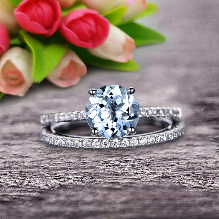Round Cut 1.50 Carat Stacking Matching Band Aquamarine Engagement Ring Bridal Set Anniversary Gift 10k White Gold 