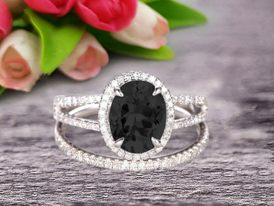 Oval Shape Blue Gemstone With Split Shank Halo Design 1.75 Carat Black Diamond Moissanite Engagement Ring Bridal Set Anniversary Gift On 10k White Gold