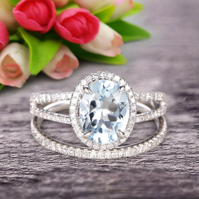 Oval Shape Blue Gemstone With Split Shank Halo Design 1.75 Carat Aquamarine Engagement Ring Bridal Set Anniversary Gift On 10k White Gold
