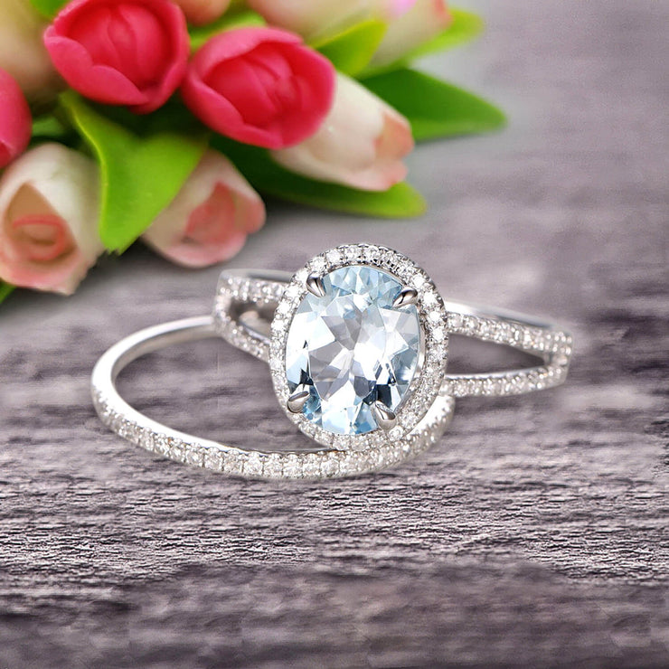 Oval Shape Blue Gemstone With Split Shank Halo Design 1.75 Carat Aquamarine Engagement Ring Bridal Set Anniversary Gift On 10k White Gold