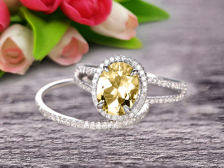 Oval Shape Gemstone With Split Shank Halo Design 1.75 Carat Champagne Diamond Moissanite Engagement Ring Bridal Set Anniversary Gift On 10k White Gold