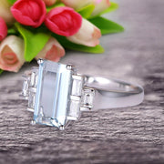 Emerald Cut 1.25 Carat Aquamarine Engagement Ring Anniversary Gift in 10k White Gold