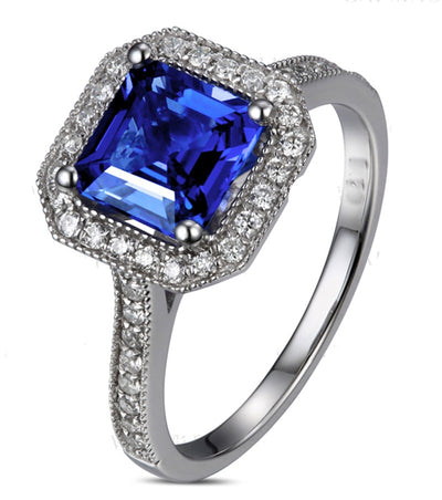 Antique 1 Carat princess cut Sapphire and Moissanite Diamond Engagement Ring in White Gold