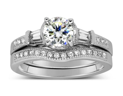 Antique 2.00 Carat Round Moissanite Wedding Ring Set with Baguette Moissanite for Her 