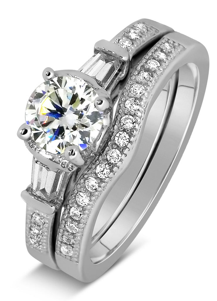Antique 2.00 Carat Round Moissanite Wedding Ring Set with Baguette Moissanite for Her in White Gold