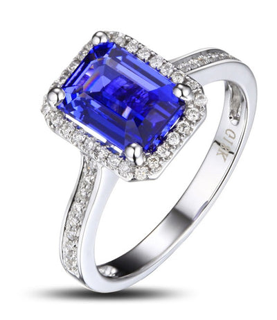 Antique 1.50 Carat emerald cut Blue Sapphire and Moissanite Diamond Halo Engagement Ring in White Gold