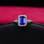 Antique 1.50 Carat emerald cut Blue Sapphire and Moissanite Diamond Halo Engagement Ring in White Gold