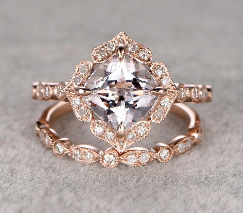 Sale on Antique Vintage Design Milgrain 2 carat Round Morganite and Diamond  Halo Bridal Wedding Ring Set in Rose Gold for Women - Walmart.com