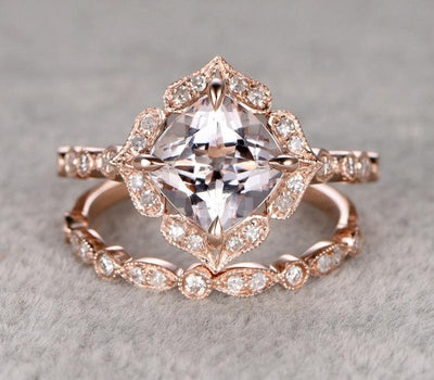 Antique 1.60 carat Cushion Cut Morganite Ring Set with Diamonds in Rose Gold