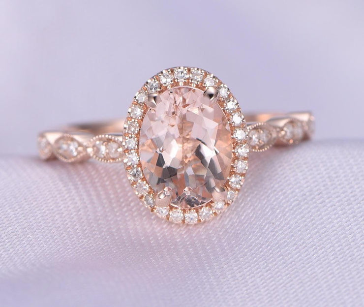 Antique Design 1.25 Carat Peach Pink Morganite Engagement Ring with Diamonds in 10k Rose Gold