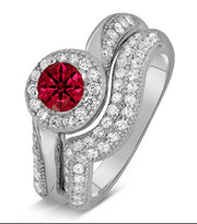 Antique Designer 2 Carat Red Ruby and Moissanite Diamond Bridal Ring Set for Her in White Gold