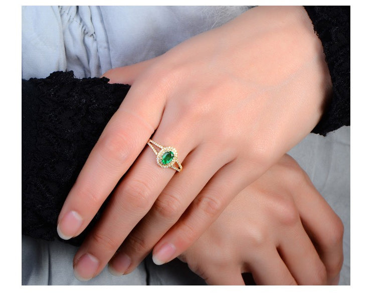 Antique double Halo 2 Carat Emerald and Moissanite Diamond Engagement Ring in Yellow Gold