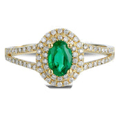 Antique double Halo 2 Carat Emerald and Moissanite Diamond Engagement Ring in Yellow Gold