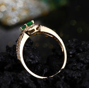 Antique double Halo 2 Carat Emerald and Moissanite Diamond Engagement Ring in Yellow Gold