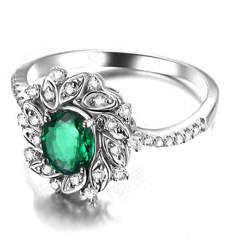 Antique Floral 1.50 Carat Emerald and Moissanite Diamond Engagement Ring in White Gold
