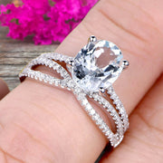 1.5 Carat Oval Shape Aquamarine Engagement Ring Bridal Ring 10k White Gold Curved Loop Infinity Matching Band